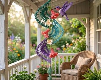 May include: A crochet hanging mobile featuring a purple hummingbird, three pink trumpet-shaped flowers, and two white blossoms attached to a teal and purple spiral structure. The piece is finished with a light green tassel at the bottom.