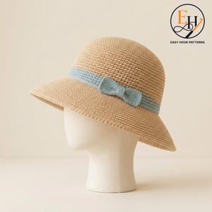 Crochet Raffia Sun Hat Pattern PDF, Wide Brim Beach Hat with Bow,