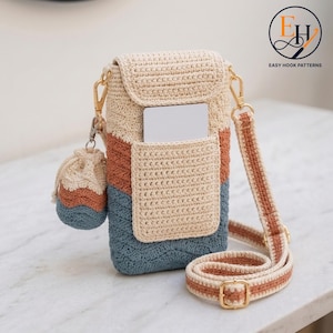 Crochet Phone Bag Pattern PDF, Shell Stitch Crossbody Pouch with Card Pocket and Mini Drawstring Bag