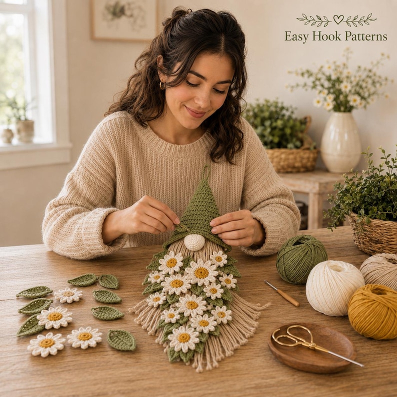 Op de afbeelding: Een handgemaakte gehaakte kabouter wandhanger met een groene puntmuts, een ronde beige neus en een baard versierd met witte en gele madeliefjes en groene blaadjes. Het item heeft een franje onderkant en ligt tussen verschillende bollen garen.