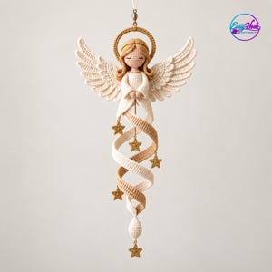 May include: A crocheted angel ornament featuring a golden halo, cream-colored wings, and a spiral tail in shades of cream and tan. The figure has light brown hair, closed eyes, and is adorned with small golden stars hanging from the spiral base.