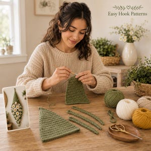 Op de afbeelding: Een haakproject met olijfgroene garenstukken, een gedeeltelijk afgewerkte driehoekige vorm en een kleine ingelijste foto van een afgewerkte kabouter-wandhanger met madeliefjes. Inclusief bollen groen, wit en geel garen en een schaar.