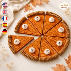 May include: Six triangular crochet pumpkin pie slices arranged in a circle, each featuring a textured orange filling, a brown crust edge, and a small white crocheted dollop of whipped cream in the center. The text Easy Hook Patterns is visible.