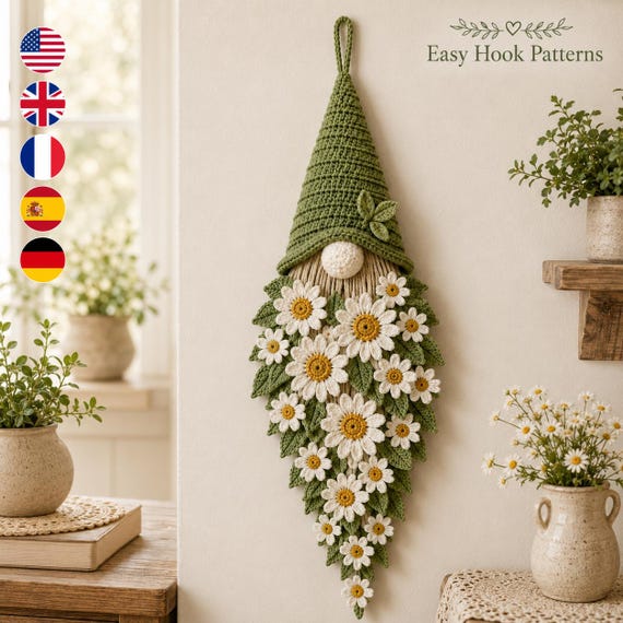 Crochet Gnome Wall Hanging Pattern PDF, Daisy Garden Floral Decor, Cottagecore Crochet Wall Art, Intermediate Digital Download