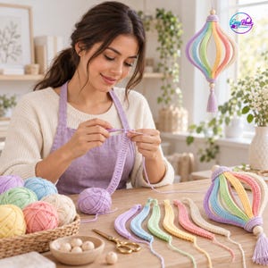 May include: A crochet project featuring a pastel-colored hanging ornament with vertical striped panels in lavender, blue, green, yellow, and pink. The set includes yarn balls, a crochet hook, wooden beads, and a finished ornament with a tassel.