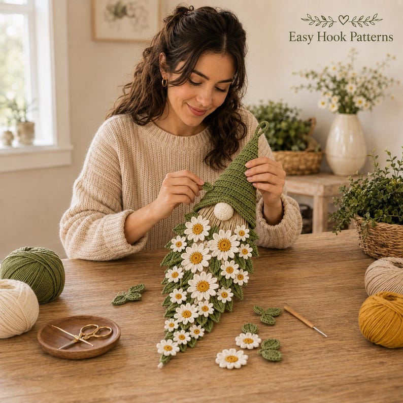Op de afbeelding: Een gehaakte kabouter-wandhanger met een groene puntmuts en een baard versierd met talloze witte en gele madeliefjes. Het stuk is gemaakt van garen en bevat kleine groene bladaccenten. De tekst luidt Easy Hook Patterns.