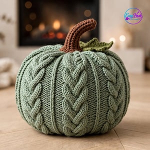 May include: A sage green crocheted pumpkin featuring a textured cable knit pattern, a brown crocheted stem, and a single olive green leaf. The top right corner displays a circular logo with the text Easy Hook Patterns.