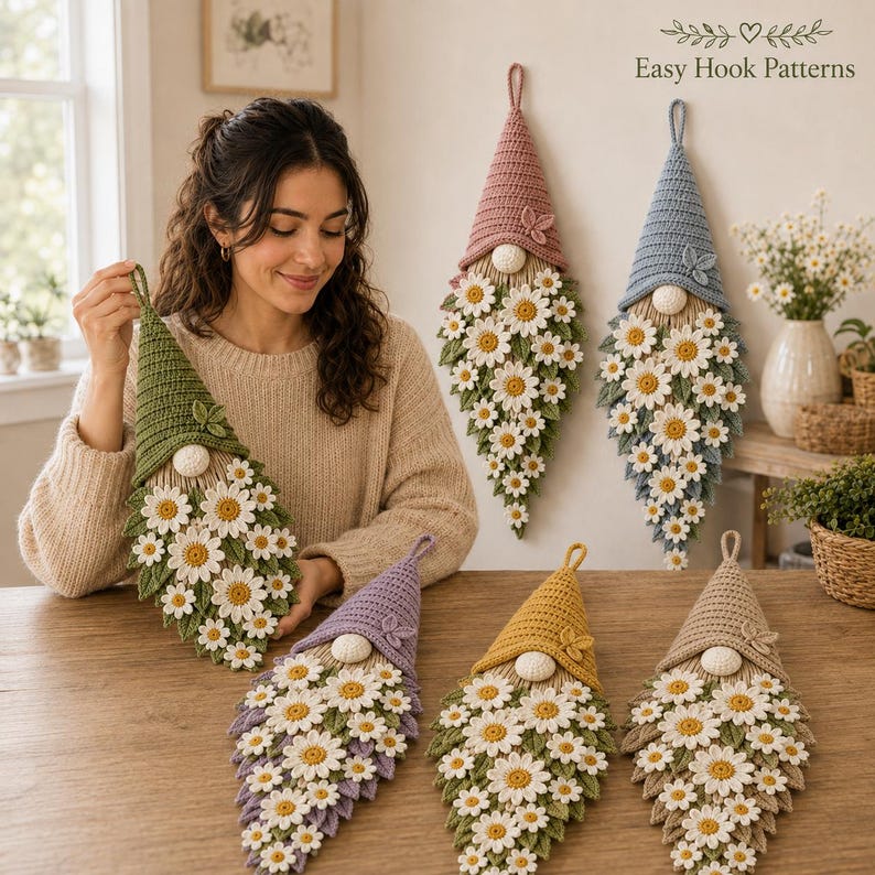 Op de afbeelding: Een collectie van zes gehaakte kabouter-wandhangers in diverse kleuren zoals groen, roze, blauw, paars, geel en beige. Elke kabouter heeft een puntmuts, een ronde neus en een lange baard versierd met witte en gele madeliefjesbloemen.
