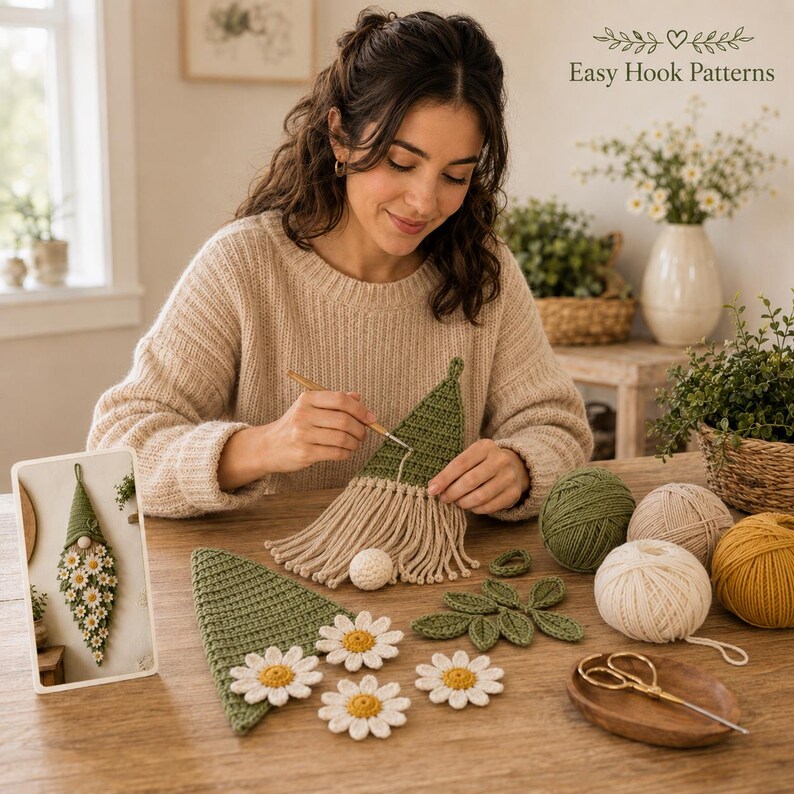 Op de afbeelding: Een haakproject met een groene driehoekige muts met een franje-baard en witte madeliefjes. De set bevat garenbollen in groen, beige en geel, een kleine houten haaknaald en een patroonkaart met de tekst Easy Hook Patterns.