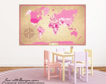 Large World Map Wall Decal,Sepia Tones with Pink, Removable Map Wall Decal,Girls Bedroom Wall Stickers,Office Wall Art
