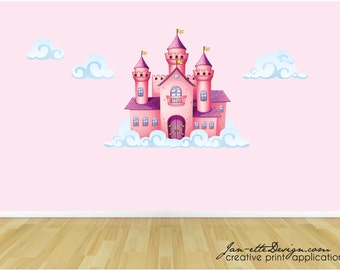 Castle Wall Decal, Large Princess Castle in the clouds,Removable and Repositionable Fabric Wall Sticker