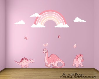 Pink Rainbow and Dinosaur Fabric Wall Decals, Removable and Easy to apply wall Stickers, Girls Dinosaur Room