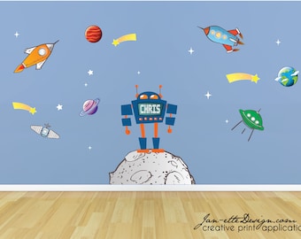 Large Space Wall Decals,Removable Robot and spaceship fabric wall decals for kids rooms and Classrooms,Personalized Robot & shooting stars
