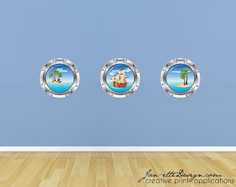 Porthole Wall Sticker, Pirate theme Wall Art, Beach Portholes, Ocean Porthole Wall Decals