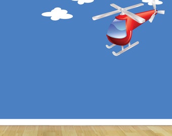 Wall Decals, Helicopter and Clouds Fabric Wall Decal, Helicopter Wall Art, Wall Sticker