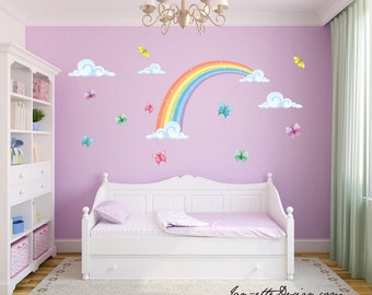 Rainbow and Butterflies Fabric Wall Decal Stickers, Rainbow Wall Art, Rainbow Kids Bedroom