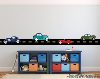 Kids Road Border Wall Decal Sticker,Classic Car Wall Decals,Transportation Theme