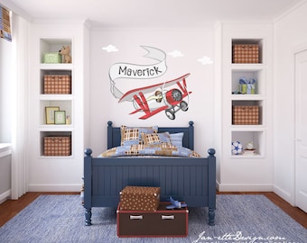 Airplane Wall Decal,Airplane and Name Banner Wall Decal,Airplane Wall Art,Boys Airplane Wall Sticker