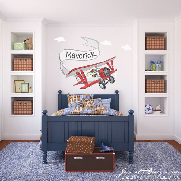 Airplane Wall Decal,Airplane and Name Banner Wall Decal,Airplane Wall Art,Boys Airplane Wall Sticker