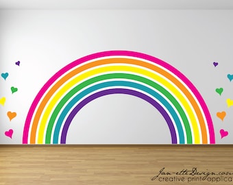 Large Rainbow and Hearts Wall Decal Set, Wall Stickers,Girls Rainbow Theme Bedroom, Removable Fabric wall Decals