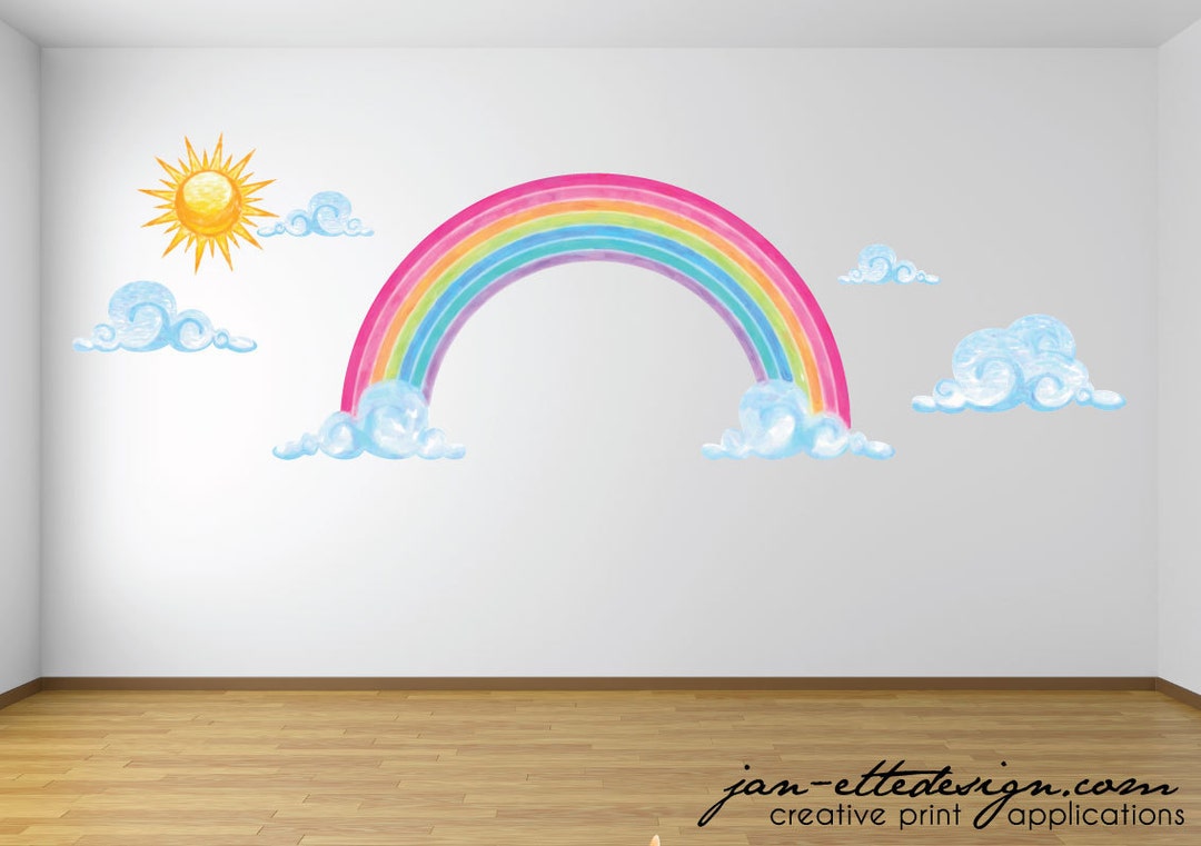 Large Rainbow Decal,watercolor Style Rainbow Clouds and Sun Wall Art