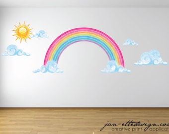 Large Rainbow Decal,Watercolor Style Rainbow Clouds and Sun Wall Art,Removable and Repositionable Fabric Wall Decal