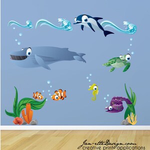 Ocean wall decals,Dolphin and Whale Decals,Under the Sea Waves Fish and Coral Fabric Wall Decals, Removable and Repositionable Decals image 1