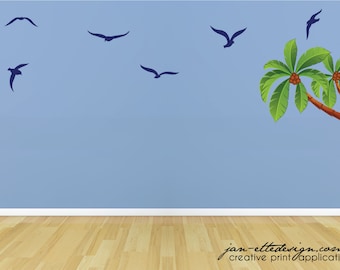 Beach Wall Decals, Palm Tree Removable and Reusable Wall Stickers, Nautical Theme, Seabirds and Palm