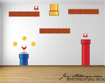 Gaming Wall Decor,Removable Fabric Wall Decals,Video Game Bricks and Tunnels, Coins and Power Up,Super