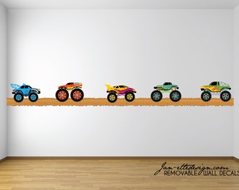 Monster Trucks Bedroom Wall Decals,Removable Fabric Stickers, Easy Peel and Stick Application