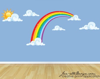 Large Rainbow Fabric Wall Decal with Sun and Clouds,Large Rainbow Wall Sticker