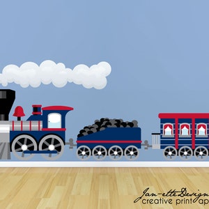 Train Wall Sticker, Large Blue Train Wall Decal, Train Wall Art, Fabric Wall Decal, Train Theme