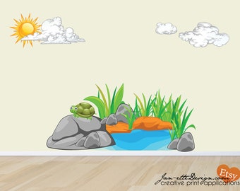 Kids Wall Decals,Turtle and Pond Fabric Wall Decal Set,Sun and clouds Wall Decals,Pond wall sticker