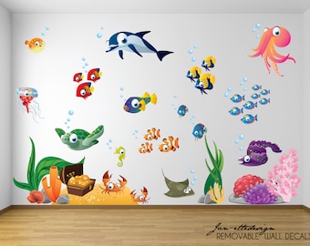 Ocean wall decals,Deep Sea Fish and Treasure Fabric Wall Decal Set, Kids under the sea wall stickers