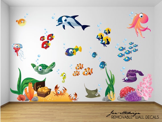 Ocean Wall Decals,deep Sea Fish and Treasure Fabric Wall Decal Set, Kids  Under the Sea Wall Stickers 