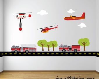 Large Fire and Rescue Wall Decal Set,Rescue Helicopters  Fabric Wall Stickers,Road Border and Fire Trucks for Firefighter Theme Rooms