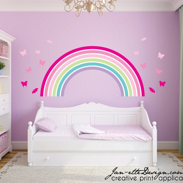 Pink Rainbow and Butterflies Decal Set,Pink Ombre Butterflies or Hearts, rainbow Stickers,Girls Rainbow Theme Bedroom