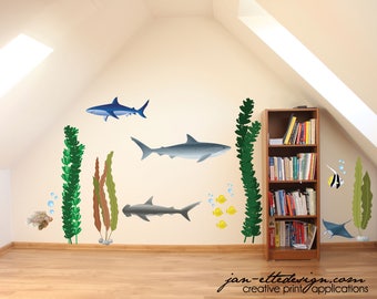 Kids Ocean Wall Decals,Sharks and Seaweed Wall Stickers,Under the Sea Fabric Wall Decals,Classroom decor