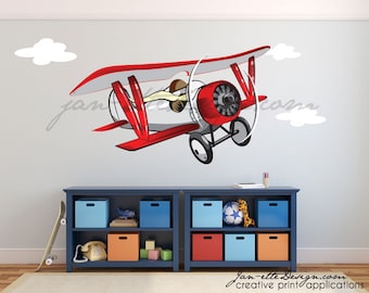 Large Airplane Wall Decal. Removable Fabric Wall Decal,Transportation and Aviation Theme,Biplane