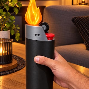 Könnte beinhalten: Ein großes, zylindrisches, feuerzeugförmiges Objekt mit einem silbernen Oberteil, einem roten Zündknopf und einem markanten, leuchtend orangefarbenen flammenförmigen Aufsatz. Das Design ahmt ein Einwegfeuerzeug mit schwarzem Zündrad nach.