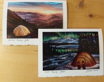 Canadian Artwork, Yukon Painting, Northern Canada, Hand-signed, Summer and Winter Camping,  Fine Art Card Set of two, Wilderness Camping,