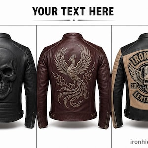 May include: Three leather jackets shown from the back. The first is black with an embossed skull. The second is dark red with a phoenix graphic. The third is black and tan with a skull logo and the text IRON HIDE LEATHER CO. 2021.