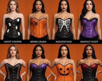 Halloween Corset Top Spooky Gothic Bustier Vintage Pumpkin Skeleton Witch Waist Cinch