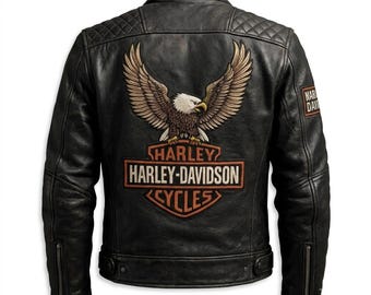 Giacca da motociclista da uomo in pelle di vacchetta nera con aquila, stile Harley, giacca da corsa ricamata