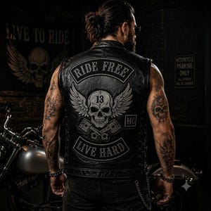 Può includere: Un gilet da moto in pelle nera con una grande toppa posteriore raffigurante un teschio, ali e pistoni incrociati. Il testo RIDE FREE è arcuato sopra il teschio, il numero 13 è sulla fronte e LIVE HARD è arcuato sotto la grafica.