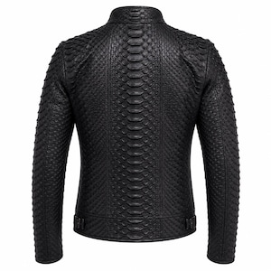 Men's Black Python Embossed Leather Biker Jacket, Genuine Cowhide Moto Coat