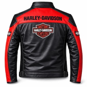 May include: A black and red leather jacket featuring the Harley-Davidson logo on the back. The text Harley-Davidson is printed in black across the upper red panel, with the iconic shield emblem centred below. Small rectangular patches are on each sleeve.