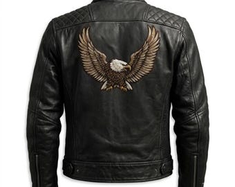 Giacca da motociclista da uomo in pelle di vacchetta nera con aquila ricamata, giacca da corsa.