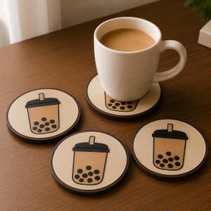 Set van 4 onderzetters van de Taipei Bubble Tea Society, unieke drinkonderzetters met Taiwanese theecultuur, 3D-geprinte en handgeschilderde bureaudecoratie.