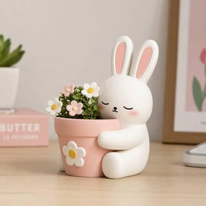 Kanin som kramar liten blomkrukafigur, handmålad skrivbordsprydnad, nyckfull 3D-tryckt suckulentväktare